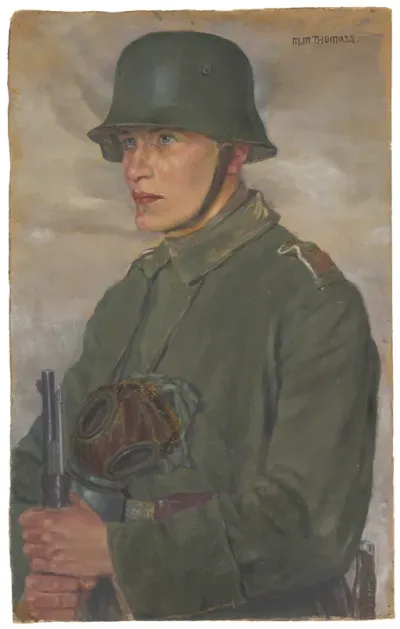 Soldier with Steel Helmet and Gas Mask