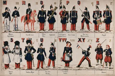 Soldiers arranged alphabetically in different uniforms according to their rank, some are on foot and some on horseback