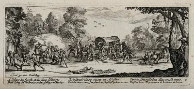 Soldiers attacking a coach on a country road
