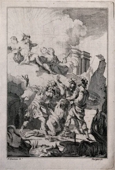 Soldiers attempting to fight off serpents pestering a naked man while the gods look on from the clouds