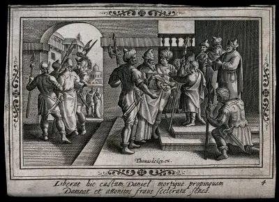 Soldiers bring Daniel before a throne to be judged