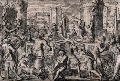 Soldiers dismembering, torturing and killing civilians outside town fortifications, probably during a siege