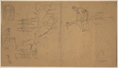 Soldiers felling sapling, and weaving saplings into baskets [verso]
