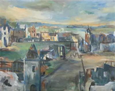Soldiers in a bombed village.