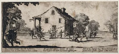 Soldiers looting and pillaging an inn in the countryside after they refused to pay for their board and lodging