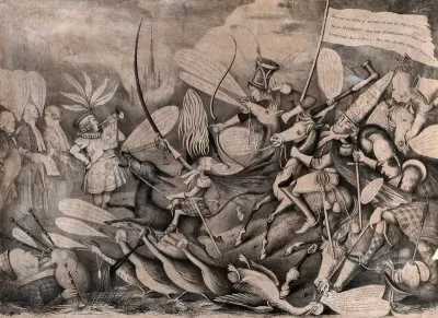 Soldiers representing the Church of Scotland ride into battle on horses against opponents of the Veto Act, which had given parishioners the right to veto ministers imposed by patrons of their parishes