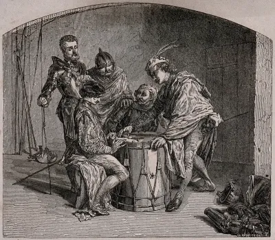 Soldiers sit around an upturned drum playing a game with dice