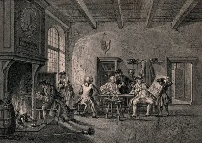 Soldiers sitting around a table: some play at cards, two look at plans of fortifications, and one lights his pipe at the fireside