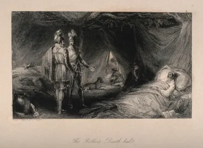 Soldiers standing over a robber's death-bed