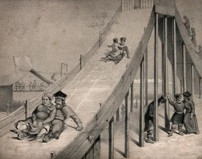 Some people climb up the steps to the top of a slide, others slide down the other side in couples