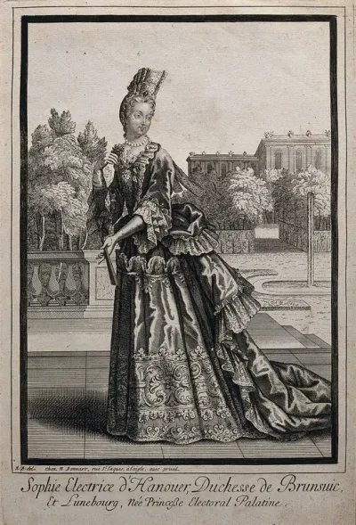 Sophia Electress of Hanover, mother of King George I; in a garden, holding a fan