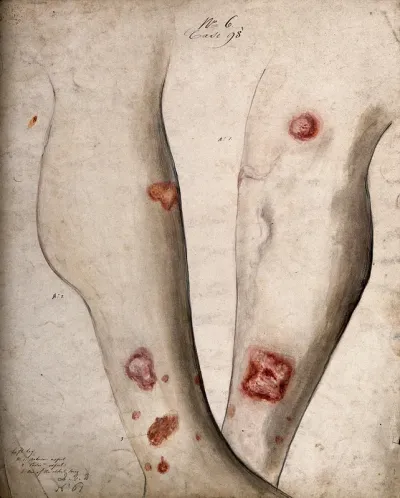 Sores and areas of diseased skin on the lower legs of a boy