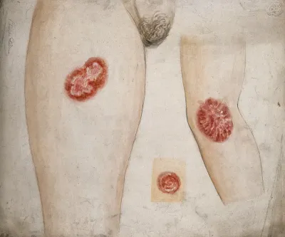 Sores and diseased skin on the leg, arm and neck of a woman