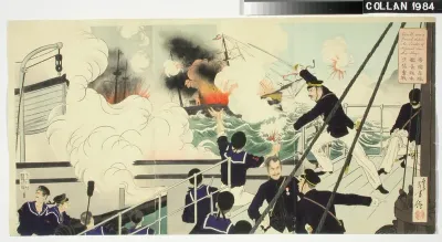Sota-alus Akagin urhea komentaja Sakamoto. Kohtaus Japanin ja Kiinan välisestä sodasta (1894-95)