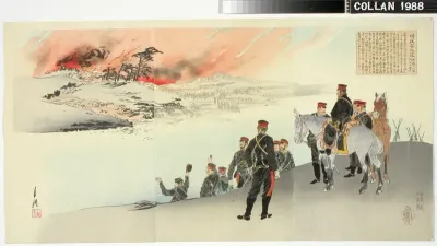 Sotilaat katselevat kaupungin paloa virran vastarannalla. Kohtaus Japanin ja Kiinan välisestä sodasta (1894-95)