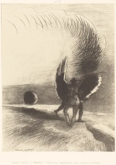 Sous l'aile d'ombre, l'etre noir appliquait une active morsure (Beneath the wing of shadow the black creature was biting energetically)