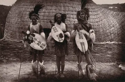 South Africa: three Zulu headmen or chiefs and a kraal