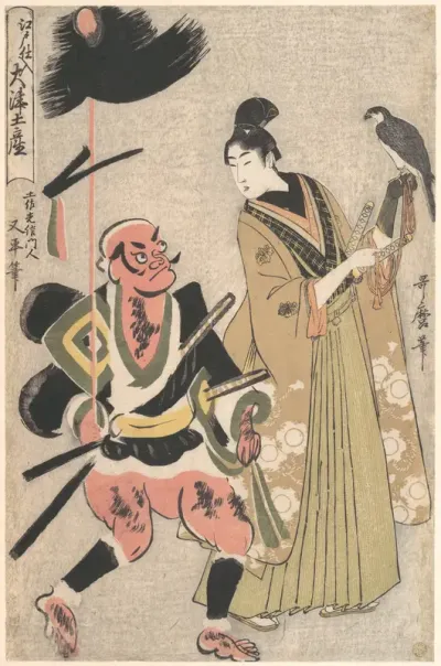 Souvenir Paintings from Ōtsu, Stocked in Edo (Edo shi-ire Ōtsu miyage) Foot-soldier with a Spear and Hawk-handler (Yari mochi yakko to taka shō)