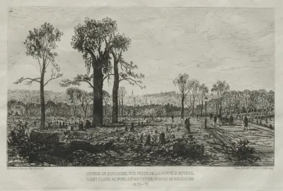 Souvenirs artistiques du Siége du Paris: Avenue de Boulogne, Vue Prise de la porte d'Auteuil, St. Cloud au fond, Dévastation du Bois de Boulogne