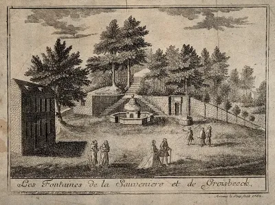 Spa, Belgium: monks and visitors at the fountains of Sauveniere and Groisbeeck