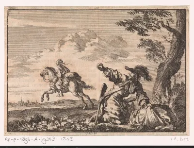 Spaanse ruiter heeft een vrouw beroofd die er op zijn paard vandoor gaat, 1687