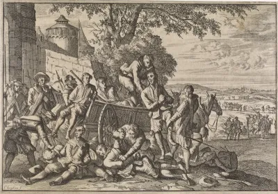 Spaanse soldaten worden op karren geladen en weggevoerd, 1641