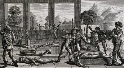 Spanish conquistadors discovering victims of human sacrifices among the Incas (?)
