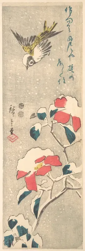 Sparrow and Snow-covered Camellia (Tsubaki)