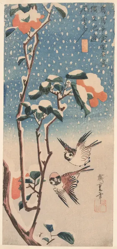 Sparrows and Camellia in Snow
