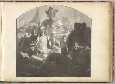 Speaker Addressing Male Figures Gathered at Night Around a Fountain