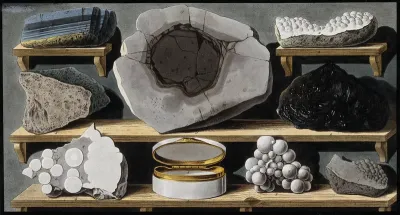 Specimens of stone and volcanic matter found on Mount Vesuvius, including lava enclosed in marble