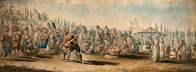 Spectators watching a wrestling match in a street in Turkey (?)