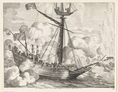 Spektakel met schip met vuurwerk en de zuilen van Hercules
