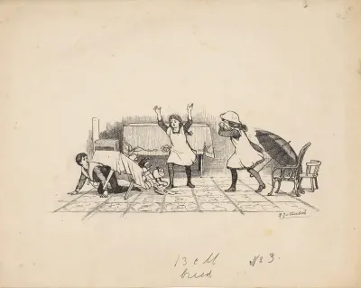 Spelende kinderen bij een omgevallen tafel