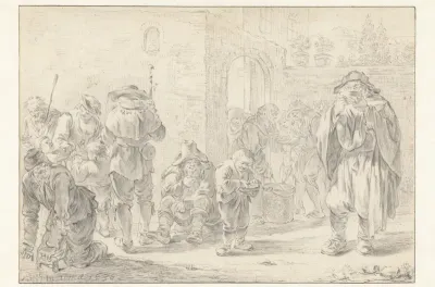 Spijsuitdeling aan pelgrims en bedelaars bij een kloosterpoort