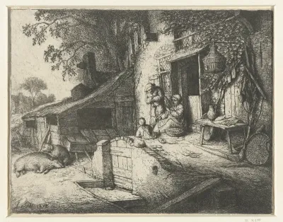 Spinnende vrouw voor een huis