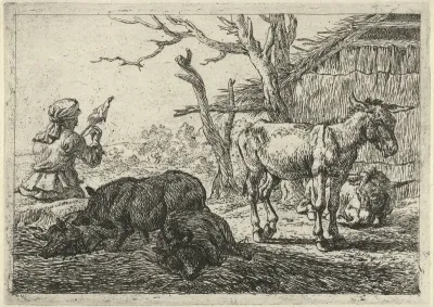 Spinnende vrouw, zwijnen en ezels