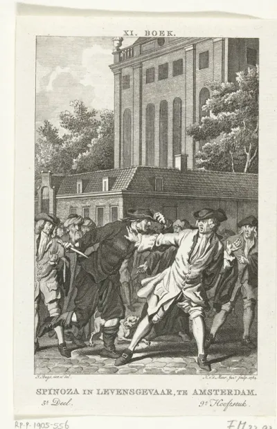 Spinoza bedreigd door een woedende menigte te Amsterdam, 1667