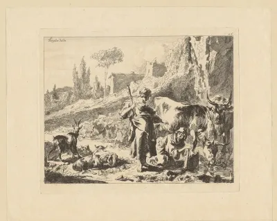Spinster en wassende vrouw in een landschap met runderen