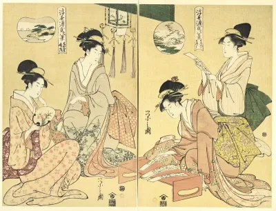 Spirit Summoner; Wild Geese Returning Home (Maboroshi; Rakugan) (right) and A Thin Veil of Clouds; Clearing Weather (Usugumo; Seiran) (left), from the series Eight Views of The Tale of Genji in the Floating World (Ukiyo Genji hakkei)