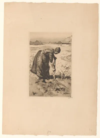 Spittende boerin op het land
