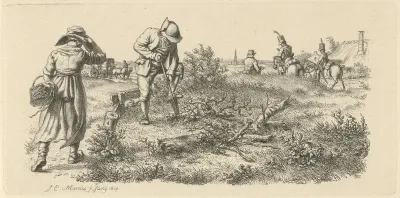Spittende man, een vrouw met een mand en soldaten te paard