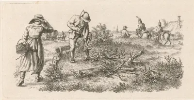 Spittende man, een vrouw met een mand en soldaten te paard