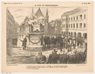 Spotprent met de onthulling van een monument op het binnenhof