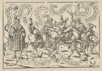 Spotprent met een man zittend op een ezel, een nar en andere figuren