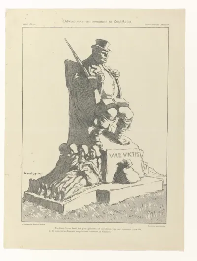 Spotprent met een ontwerp voor een monument voor slachtoffers van concentratiekampen in Zuid-Afrika