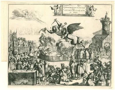 Spotprent met Johan en Cornelis de Witt die als duivels door de lucht vliegen, 1672
