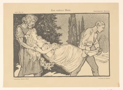 Spotprent met twee mannen die een vrouw naar een graf dragen