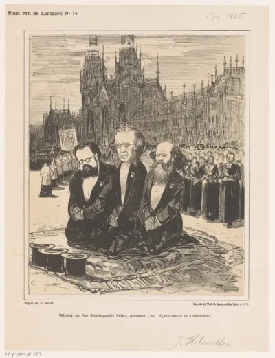 Spotprent met Victor de Stuers, Josephus Alberdingk Thijm en Pierre Cuypers voor het Rijksmuseum
