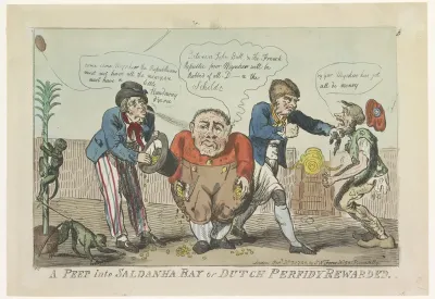 Spotprent op de capitulatie van de Bataafse vloot in de Saldanhabaai, 1796